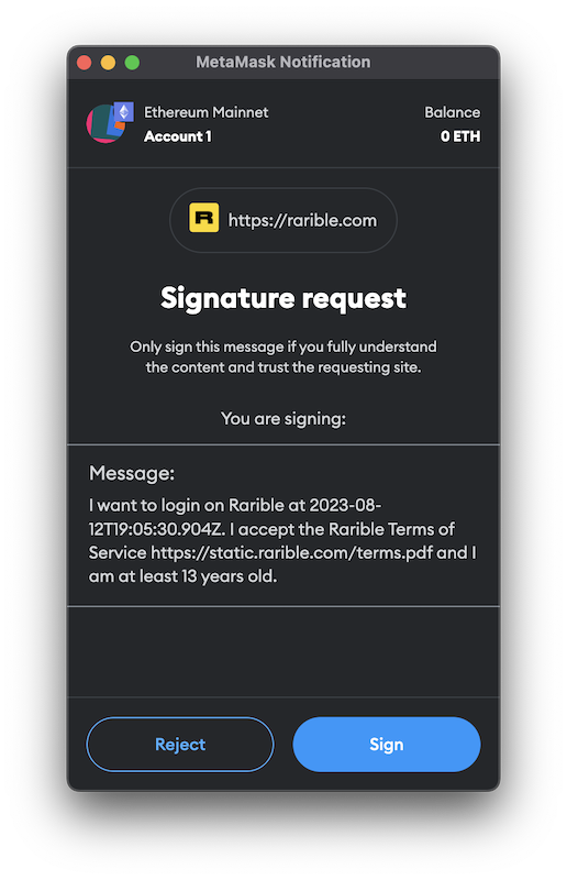 Message signature request for logging into Rarible